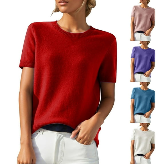 Patlollav Womens Solid Color Crewneck Loose Blouse Short Sleeve Casual Work Shirt Tunic