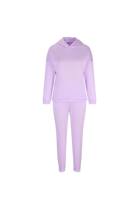 Womens Solid Hooded Long Sleeve Sweater Casual Two-Piece Long Sleeve Shirt Set