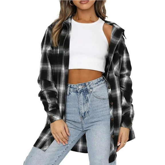 Patlollav Womens Spring Autumn Lapel Tops Long Sleeve Plaid Shirt Jacket