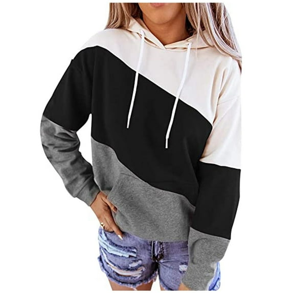 Patlollav Womens Stripe Print Hooded Long Sleeve Tops Sweatshirt Black XL