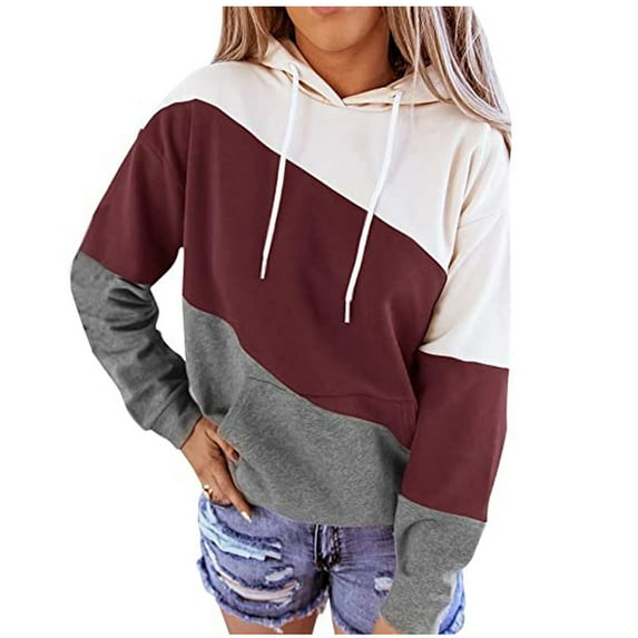 Patlollav Womens Stripe Print Hooded Long Sleeve Tops Sweatshirt Wine XXL