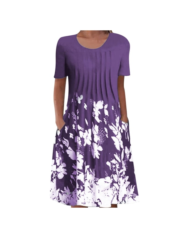 Patlollav Womens Summer Casual Dress Round Neck Short Sleeve Folding Floral Dresses