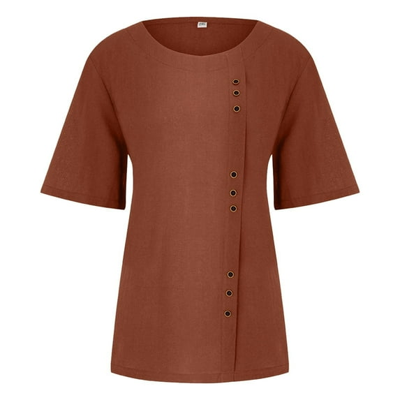 Patlollav Womens Summer Casual Solid Color Round Neck Short Sleeve Tops Buttons Blouses