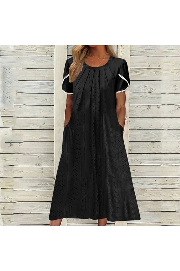Womens Summer Fashion Solid Color Pocket Short Sleeve Round-Neck Dress