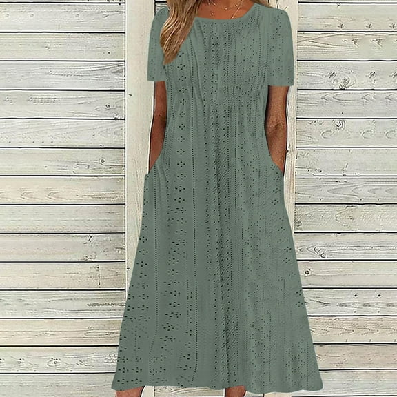 Patlollav Womens Summer Fashion Solid Color Pocket Short Sleeve V-Neck Dress