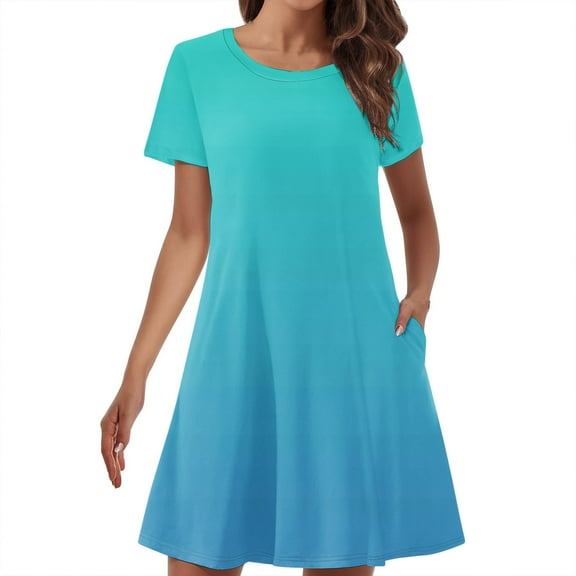 Patlollav Womens Summer Gradient Color Double Pocket Short Sleeve Round Neck T-Shirt Dress