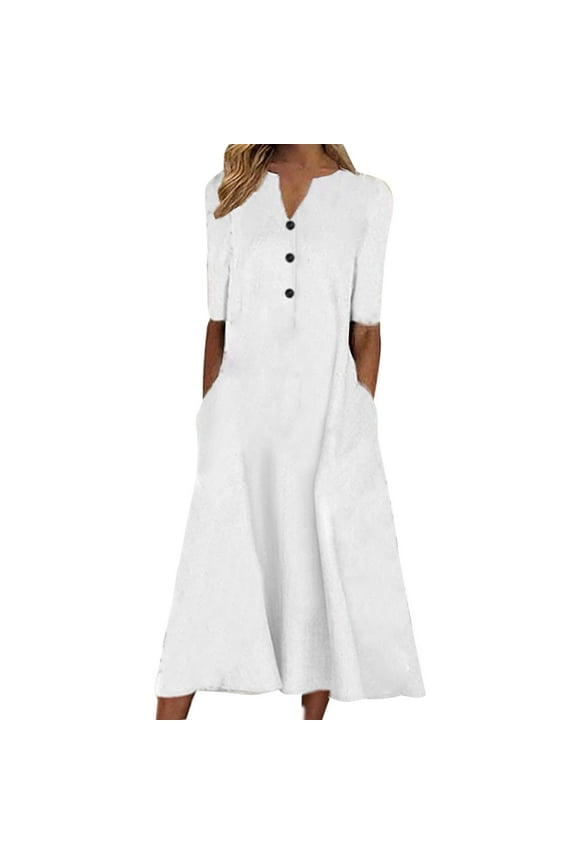 Womens Summer Print Causal V-Neck Button Short Sleeve Vacation Pockets Dress