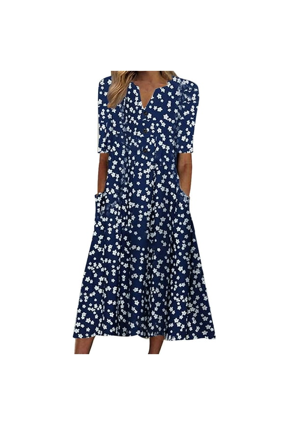 Womens Summer Print Causal V-Neck Button Short Sleeve Vacation Pockets Dress