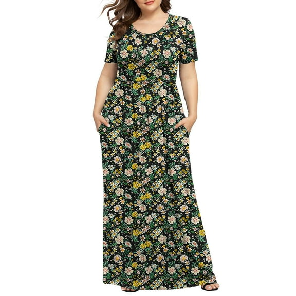 Patlollav Womens Plus Size Dresses Printed Short Sleeve Round Neck Pleated Pocket Ankle Length Dress