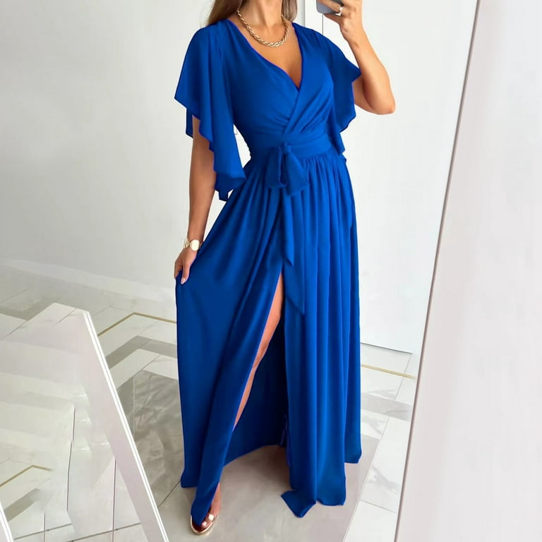 Patlollav Womens Summer Sexy Solid Waist Trumpet Short Sleeve Hem Split  Dresses Blue M 