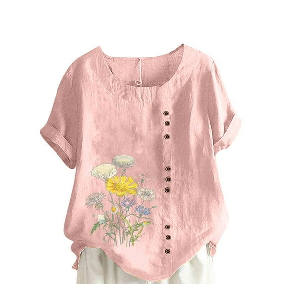 Patlollav Womens Summer Shirts Casual Round Neck Short Sleeve Flower Print Loose Tops Deals on Ladies