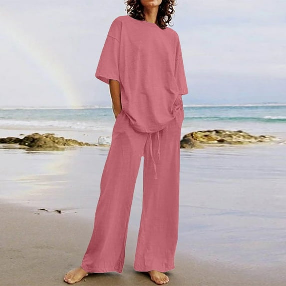 Patlollav Womens Summer Suit Fashion Short Sleeve Solid Color Trousers Two Piece Suit