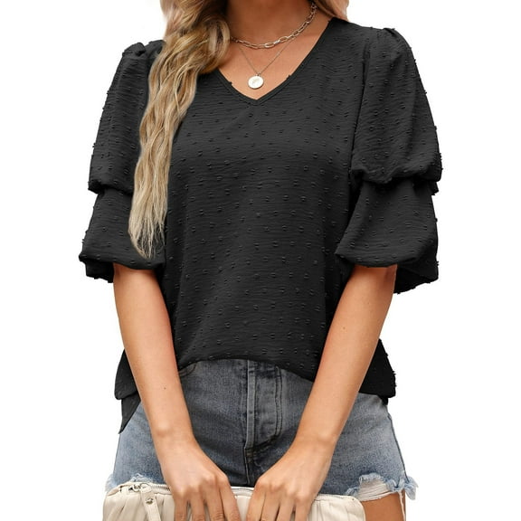 Patlollav Womens Summer T-Shirts Double Puff Sleeve Blouses Summer Half Sleeve Dot Tops Blouse