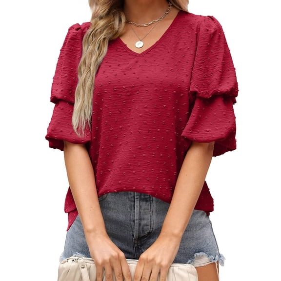 Patlollav Womens Summer T-Shirts Double Puff Sleeve Blouses Summer Half Sleeve Dot Tops Blouse