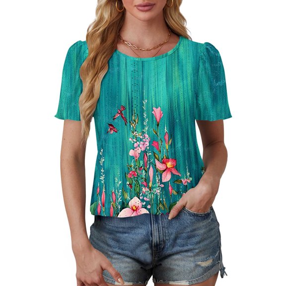 Patlollav Womens Summer Tops Casual Short Short Sleeve T Shirts Floral Pleated Tunics Round Neck Work Blouse
