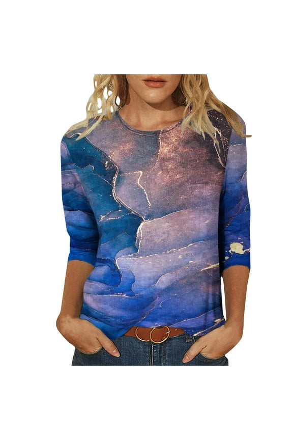 Womens T-Shirt Mid-Length 3/4 Sleeve Blouse Tops Blue S