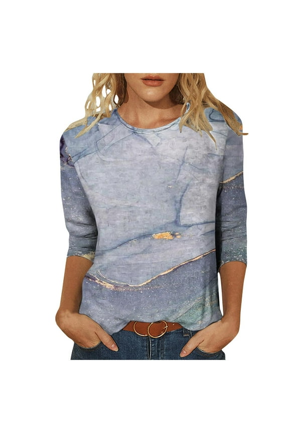 Womens T-Shirt Mid-Length 3/4 Sleeve Blouse Tops Gray M