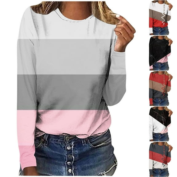 Patlollav Womens T-Shirt Tops Print Casual Loose Round Neck Long Sleeve Blouse on Ladies