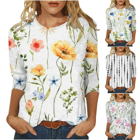 Patlollav Womens T-Shirts Fashion Print Mid-Length 3/4 Sleeve Blouse Round Neck Casual Tops on Ladies