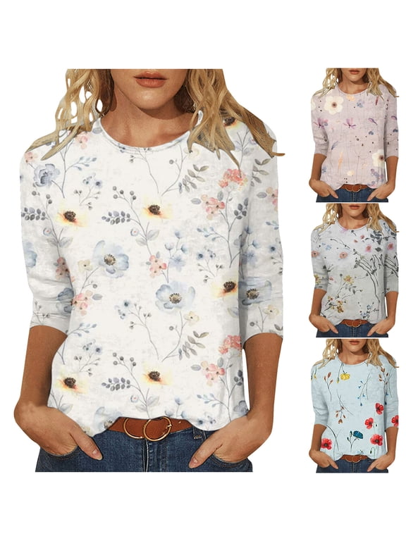Patlollav Womens T-Shirts Fashion Print Mid-Length 3/4 Sleeve Blouse Round Neck Casual Tops on Ladies