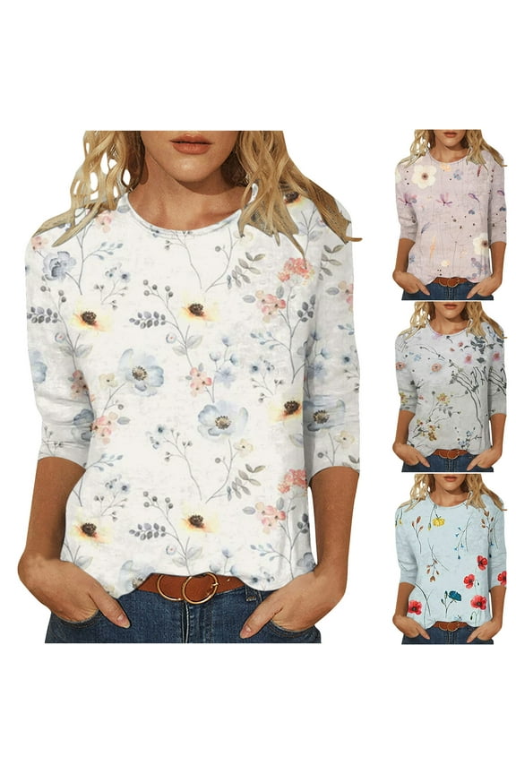 Womens T-Shirts Fashion Print Mid-Length 3/4 Sleeve Blouse Round Neck Casual Tops on Ladies