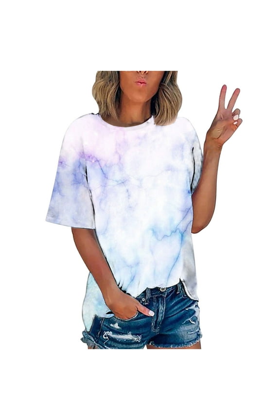 Womens T-Shirts Short Sleeve Fashion Print Blouse Round Neck Casual Tops on Ladies