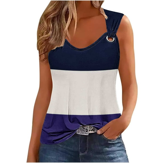 Patlollav Womens Tank Top Under $10, Tank Top for Women Sexy Fashionable Three Color Block Camisole Metal Round Neck Blouse
