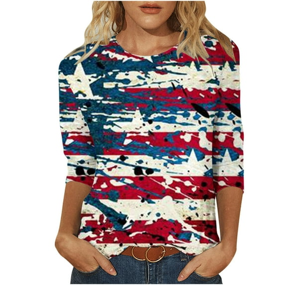 Patlollav Womens Tops 3/4 Sleeve Shirts Round Neck Loose Casual Blouses Independence Day Print Tshirts