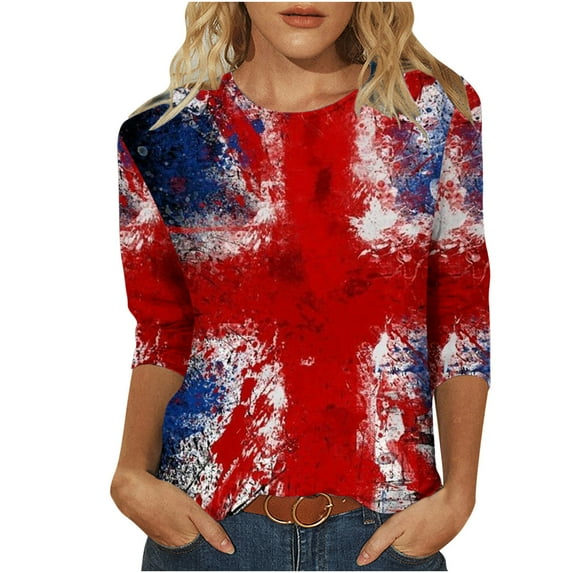 Patlollav Womens Tops 3/4 Sleeve Shirts Round Neck Loose Casual Blouses Independence Day Print Tshirts