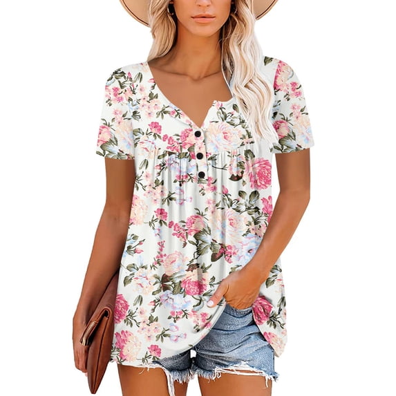 Patlollav Womens Tops Ladies Summer Tunic T-Shirts Casual Short Sleeve Blouse Pleated Tops With Ruffle Hem