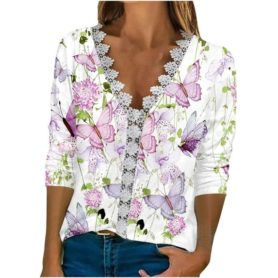 Patlollav Womens Tops Clearance Print Lace 3/4 Sleeve Blouses