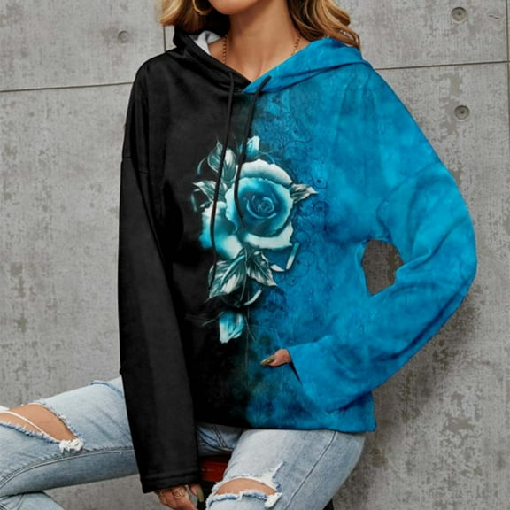 Patlollav Womens Tops Color Contrast Rose Print Long Sleeve Hooded Sweatshirts