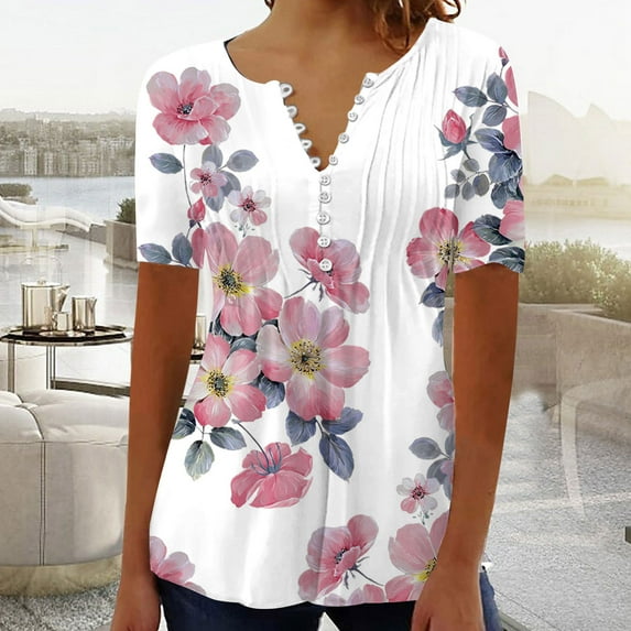 Patlollav Womens Tops Fashion Casual Round Neck Pleated Solid Color Button Blouse