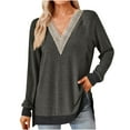 thumbnail image 1 of Patlollav Womens Tops Fashion V-Neck Contrast Split Loose Long Sleeve T-Shirt on Ladies, 1 of 6