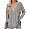 thumbnail image 1 of Patlollav Womens Tops Fashion V-Neck Contrast Split Loose Long Sleeve T-Shirt on Ladies, 1 of 6