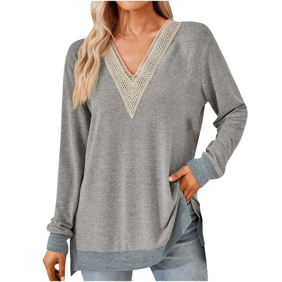Patlollav Womens Tops Fashion V-Neck Contrast Split Loose Long Sleeve T-Shirt on Ladies