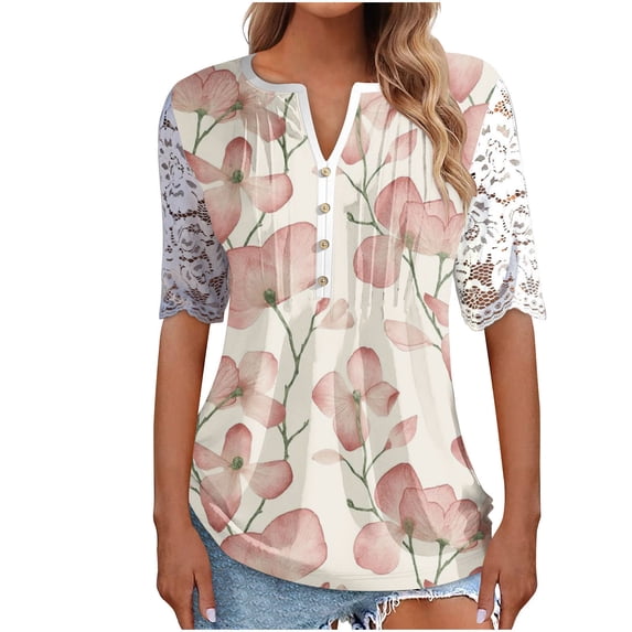 Patlollav Womens Tops Short Sleeve Floral Print Lace Mesh Splicing Pullover V-Neck Blouse