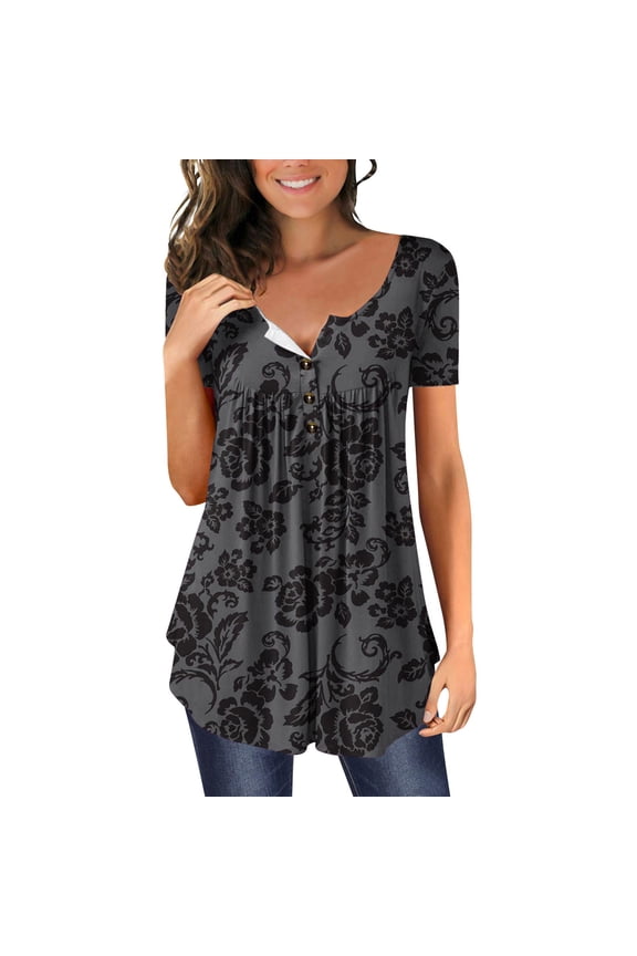 Womens Tops Short Sleeve Open Button Loose Fit Pleated Tunic Shirt Blouses