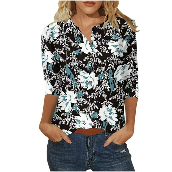 Patlollav Womens Tops Three Quarter Sleeve Retro V Neck Easter Print Loose Blouse