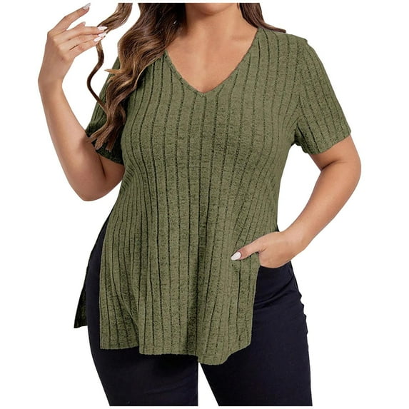 Patlollav Womens Tshirts Under $10, Plus Size Tops for Women Summer Short Sleeve V-Neck Solid Casaul T-Shirt New