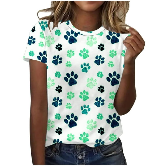 Patlollav Womens Tshirts Under $10, Tops for Womens Dog Paw Print Short Sleeve Funny Round Neck T-Shirt Blouses