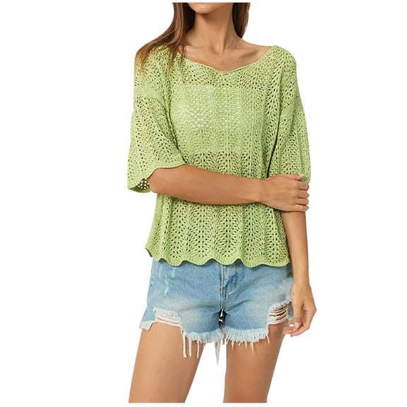 Patlollav Womens Tshirts Under $10, Tunic Tops for Women Summer Scoop Neck Short Sleeve Sweater Casual Crochet Hollow Out Knit Blouse