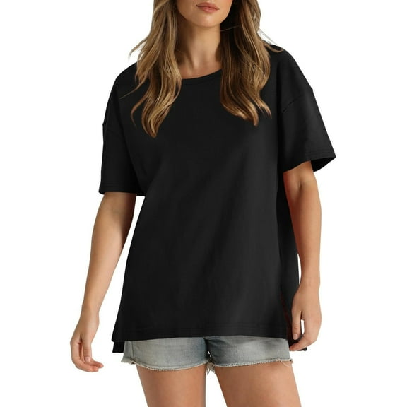 Patlollav Womens Tshirts Under $10, Womens Casual Short Sleeve T-Shirt Solid Color Hem Split Front Short Back Length Round Neck Tops