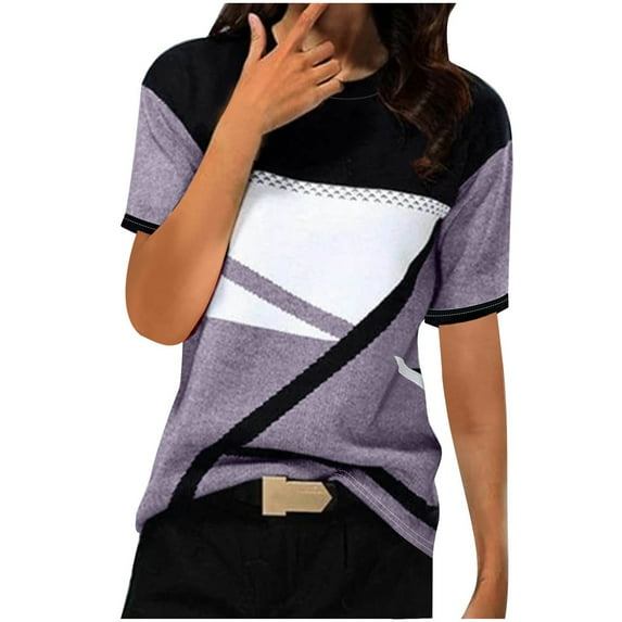 Patlollav Womens Tshirts Under $10, Womens Loose Tops Summer Casual Geometric Printed Round Neck Short Sleeve T-Shirt Ladies Blouse