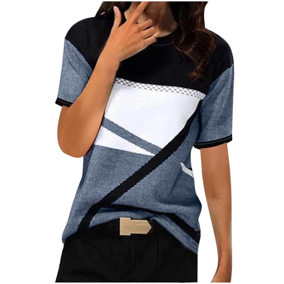 Patlollav Womens Tshirts Under $10, Womens Loose Tops Summer Casual Geometric Printed Round Neck Short Sleeve T-Shirt Ladies Blouse