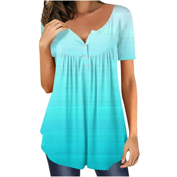 Patlollav Womens Tshirts Under $10, Womens Summer Casual Tops V Neck Gradient Short Sleeve T Shirt Pleated Tunic Tops