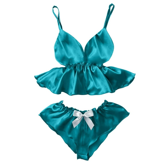 Patlollav Womens V-Neck Eyelash Lace Sexy Stain Camisole Pajamas Bowknot Shorts Set