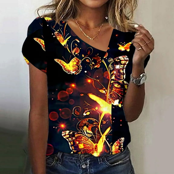 Patlollav Womens V-Neck Tops Casual Printed Button-Up Blouse T-shirt Blouses