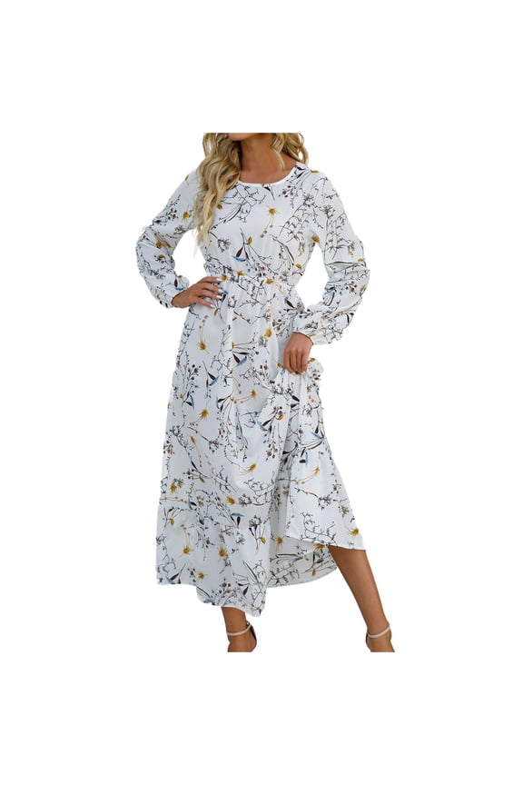 Patlollav Womens Winter Dresses Autumn Small Floral Print Casual Loose Long Sleeve Crew Neck Dress