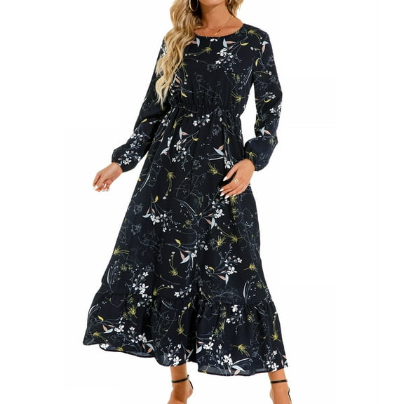 Patlollav Womens Winter Dresses Autumn Small Floral Print Casual Loose Long Sleeve Crew Neck Dress